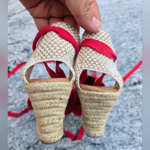 J. Crew Factory Red And Tan Wedge Lace Up Sandals New Without Box Sz 9 - Picture 2 of 7